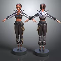 3D Female Character Model Front Back View With Braided Hair Tactical Costume On Black Base