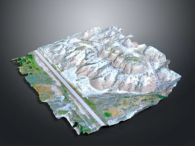 3D Snow Covered Terrain Model Featuring Mountain Ranges Green Vegetation And Pathway 3d model