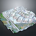 3D Snow Covered Terrain Model Featuring Mountain Ranges Green Vegetation And Pathway 3d model