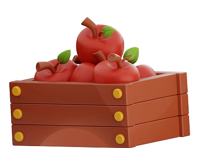 Fresh Red Apples in a Wooden Crate with Green Leaves and Stems 3d model