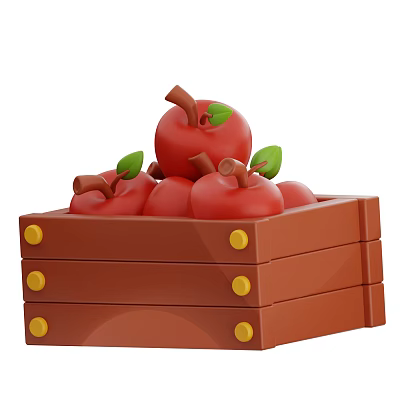 Fresh Red Apples in a Wooden Crate with Green Leaves and Stems 3d model