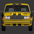 Vintage Yellow Taxi with Colorful Graphics and Striped Design on Dark Background