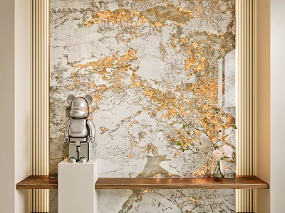 Luxurious Marble Background Wall With Golden Veins Silver Figurine Decorative Columns And Wooden Shelf 3d model