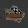 Household Supplies In Open Cardboard Box With Vinyl Records And Red Items