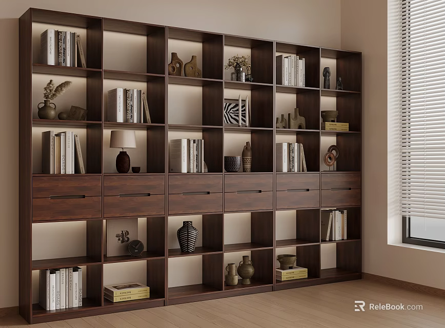 Dark Wood Bookshelf With Multiple Shelves Holding Books Decorative Vases Sculptures And Window Blinds 3d model 