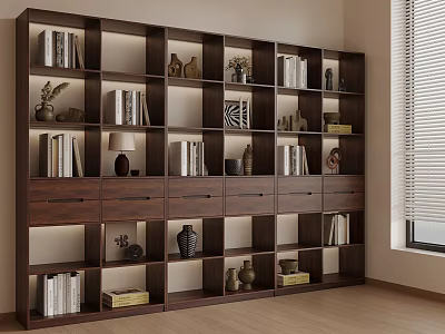Dark Wood Bookshelf With Multiple Shelves Holding Books Decorative Vases Sculptures And Window Blinds 3d model
