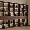 Dark Wood Bookshelf With Multiple Shelves Holding Books Decorative Vases Sculptures And Window Blinds