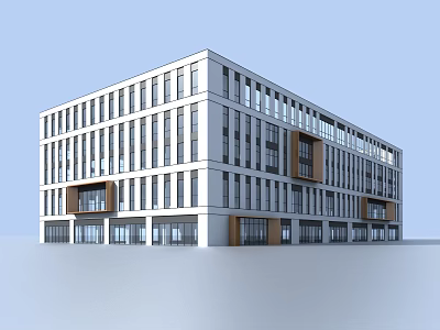 Modern Office Building Exterior Design with White Facade Large Windows Glass Doors and Wooden Accents 3d model