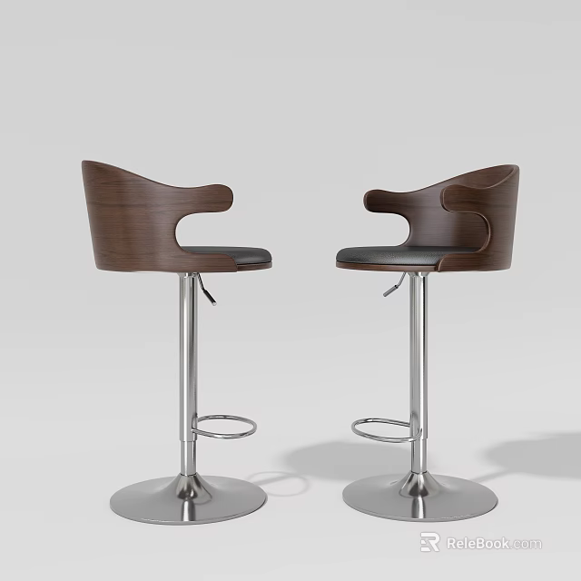 Modern Bar Stools With Wooden Back Leather Seat And Adjustable Metal Base 3d model 