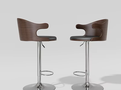 Modern Bar Stools With Wooden Back Leather Seat And Adjustable Metal Base 3d model