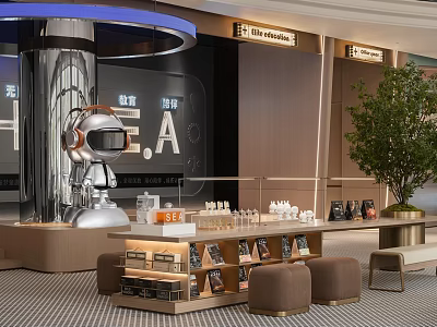 Modern Leisure Area With HEA Signage Display Counter Stools Green Plant And Robot Decor 3d model