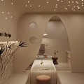 Elegant Beauty Hair Salon Interior With Curved Design Treatment Bed And Green Plants