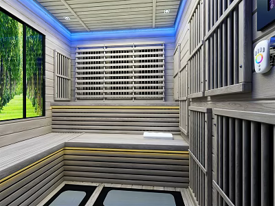 Sauna Room Interior Design With Wooden Panels Blue Lighting Seating Area And Large Window 3d model