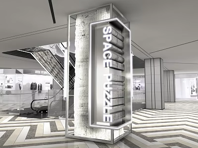 Modern Column with SPACE PUZZLE Sign in Mall Interior Staircase and Herringbone Floor Design 3d model