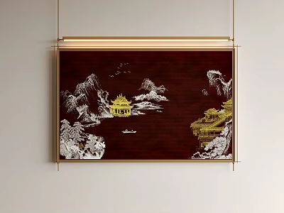 Landscape Painting With Dark Red Background Golden Pavilions Mountains Clouds Flying Birds In Golden Frame 3d model