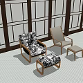 Modern Single Sofa With Black White Patterned Fabric Wooden Frame Ottoman And Geometric Floor