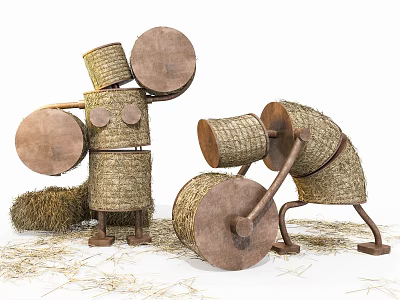 Two Straw Sculptures With Wooden Drums Standing And Bending On Hay 3d model