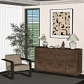Wooden Chest of Drawers with Table Lamp Potted Plant Armchair and Decorative Painting