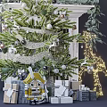 Festive Christmas Decoration Scene With Decorated Tree Fireplace Gifts And Garland Lights