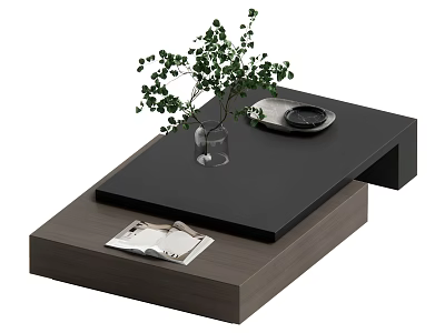 Two Tier Black Top Wooden Coffee Table With Clear Glass Vase Green Plant And Book 3d model
