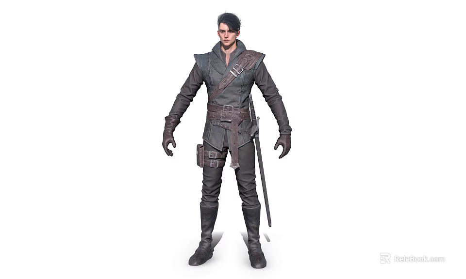 Game and Movie Character in Dark Leather Outfit with Belt Gloves and Sword 3d model 