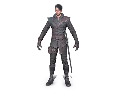 Game and Movie Character in Dark Leather Outfit with Belt Gloves and Sword 3d model