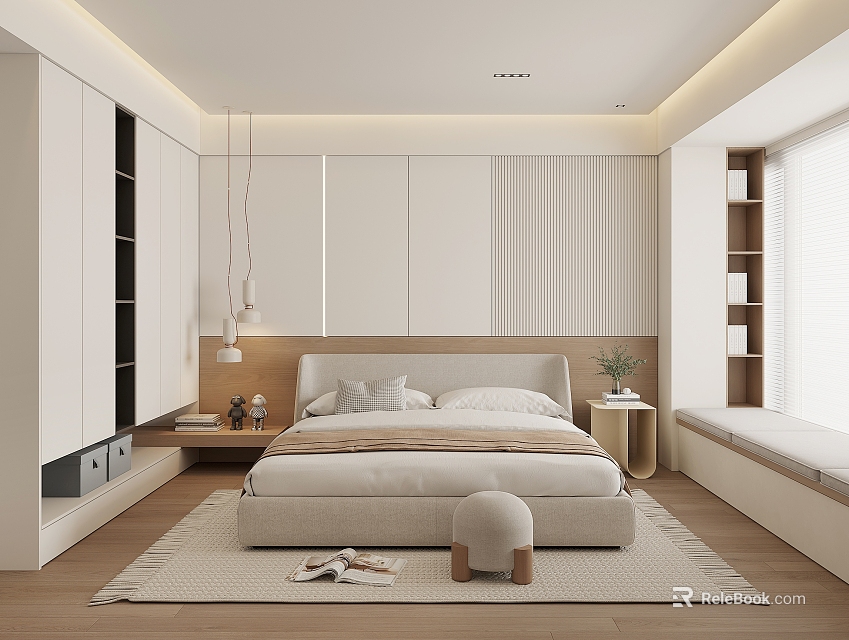 Modern Minimalist Bedroom Interior With White Wall Cabinets Pendant Lights And Window Bench 3d model 