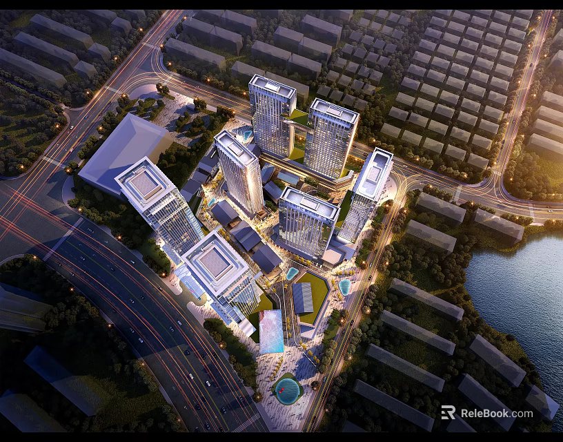 Modern Mixed Use Commercial Complex Featuring High Rise Towers Waterfront And Urban Road Access 3d model 