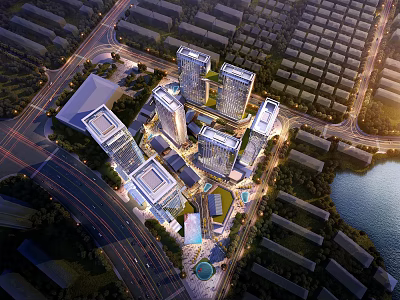 Modern Mixed Use Commercial Complex Featuring High Rise Towers Waterfront And Urban Road Access 3d model