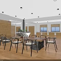 Minimalist Dining Space With Long Table Chairs Wooden Flooring Bookshelves And Windows