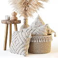 Bohemian Style Decorative Ornament Set with Pampas Grass Vases Woven Pillows and Tassel Baskets