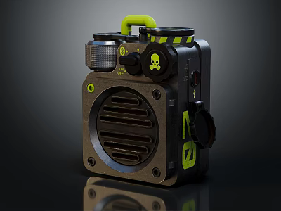 Rugged Portable Speaker With Yellow Handle Skull Logo Black Yellow Accents And Industrial Design 3d model