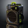 Rugged Portable Speaker With Yellow Handle Skull Logo Black Yellow Accents And Industrial Design