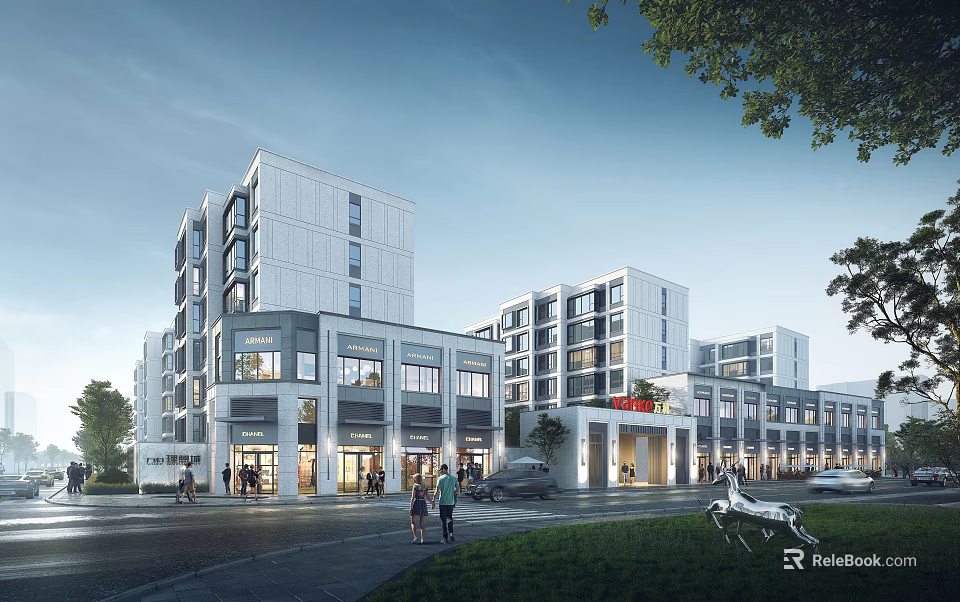 Vibrant Commercial Street With Modern Buildings Shops Pedestrians And Green Spaces 3d model 