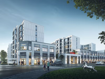 Vibrant Commercial Street With Modern Buildings Shops Pedestrians And Green Spaces 3d model