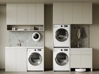 Modern White Balcony Cabinets With Washing Machines And Storage Space 3d model