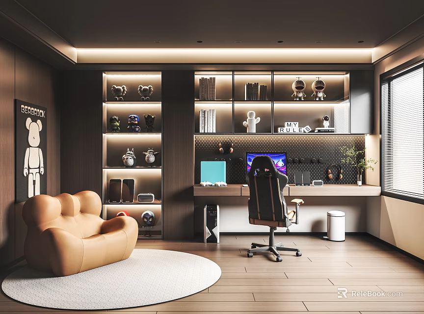 Modern Internet Cafe Interior Design With Computer Setup Comfortable Chair Decorative Shelves And Large Window 3d model