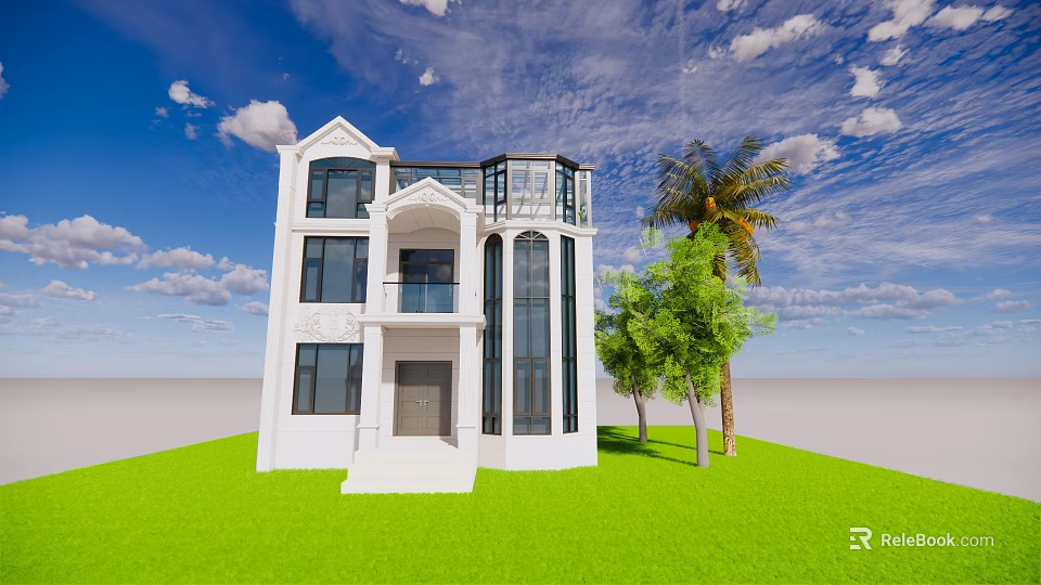 White Detached Villa Exterior With Two story Design Balcony Large Windows And Green Lawn 3d model 