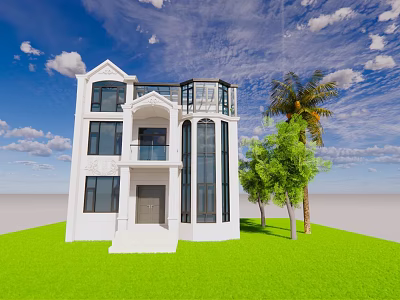 White Detached Villa Exterior With Two story Design Balcony Large Windows And Green Lawn 3d model