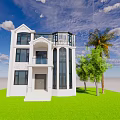White Detached Villa Exterior With Two story Design Balcony Large Windows And Green Lawn