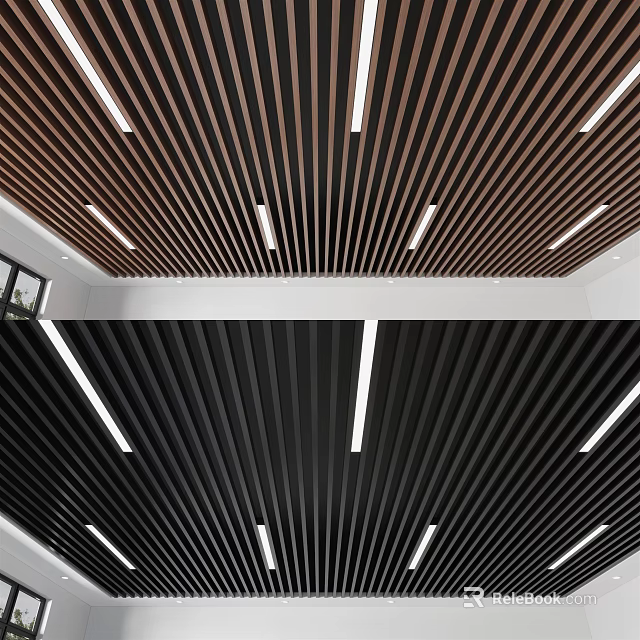 Modern Slatted Ceiling Design With Black Brown Panels And Recessed Linear Lights 3d model