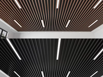 Modern Slatted Ceiling Design With Black Brown Panels And Recessed Linear Lights 3d model