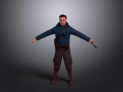 3D Character Model In Blue Coat Brown Pants Holding Guns On Gray Background 3d model