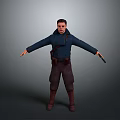 3D Character Model In Blue Coat Brown Pants Holding Guns On Gray Background