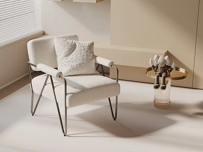 White Leisure Chair With Metal Frame And Pillow In Minimalist Interior With Side Table 3d model