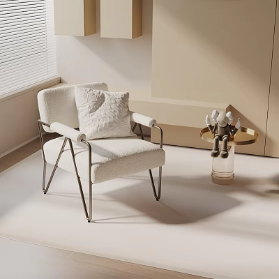 White Leisure Chair With Metal Frame And Pillow In Minimalist Interior With Side Table 3d model