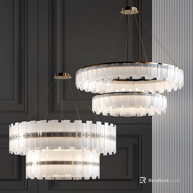 Modern Layered Circular Chandeliers Hanging In Dark Room Interior With White Glass Design 3d model 