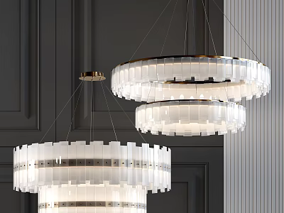 Modern Layered Circular Chandeliers Hanging In Dark Room Interior With White Glass Design 3d model