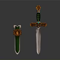 Decorative Green And Orange Swords With Ornate Handles And Sheaths