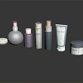 Purple And White Skincare Products Spray Bottles Lotion Tubes Cream Jars On Black Reflective Surface